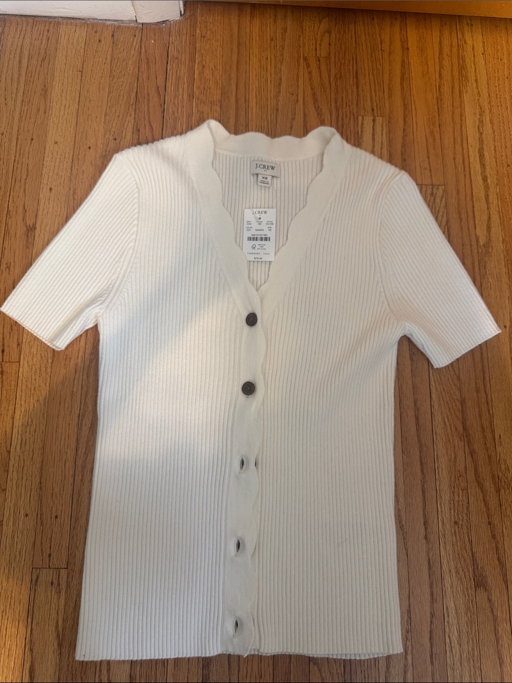 J. Crew White Ribbed Short Sleeve Scallop-Edge Cardigan xs NWT
